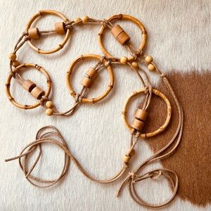 Vintage Rattan Circle Belt with Wood beads & Leather Straps total length is 62”